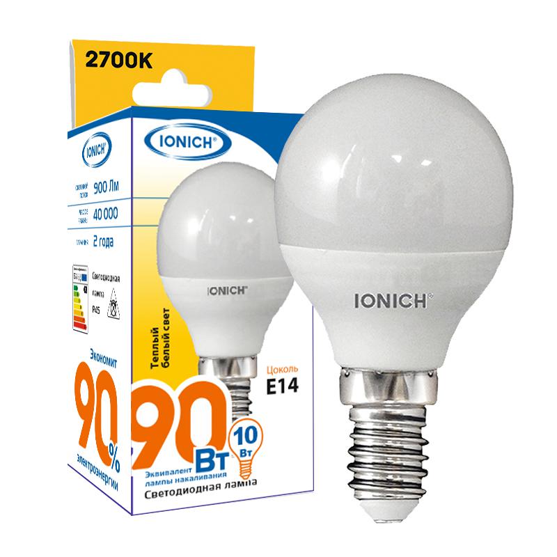 лампа светодиодная p45 10вт "шар" 2700к е14 230в тепл. бел. ionich 1804 от BTSprom.by