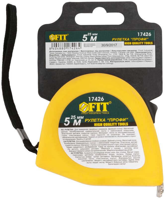  Рулетка Профи 5мх25мм калибр. лента; нейлон. покрытие; магн. крючок; эласт. корпус; двойн. стопор черн/желт. FIT 17426 фото в каталоге от BTSprom.by