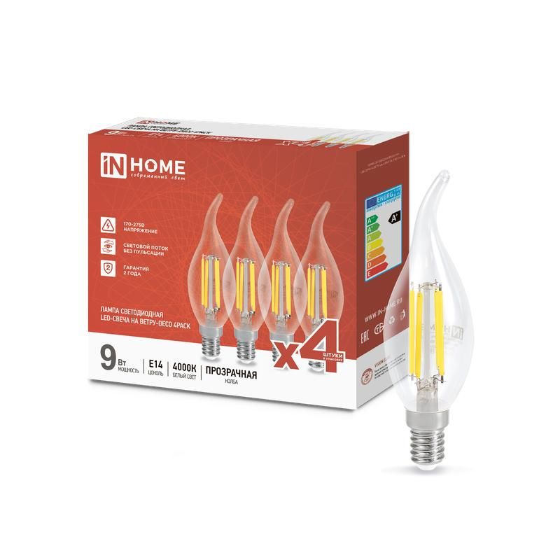 лампа светодиодная филаментная led-свеча на ветру-deco 4pack 9вт свеча на ветру прозрачная 4000к нейтр. бел. e14 1040лм 230в (уп.4шт) in home 4690612053455 от BTSprom.by