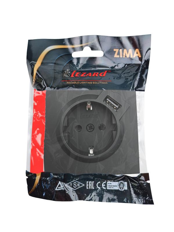  Розетка 1-мест. с/з+USB разъем СП ZIMA IP20 черн. бархат LEZARD 704-4288-181 фото в каталоге от BTSprom.by