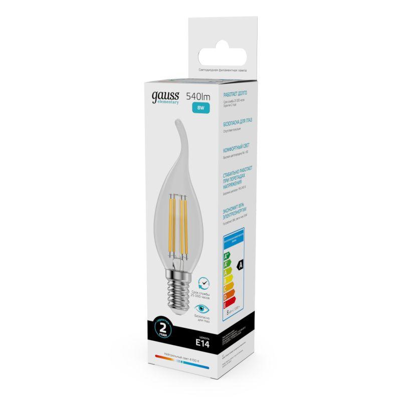 Лампа светодиодная филаментная Filament Elementary 8Вт свеча на ветру 4100К Е14 540лм GAUSS 42128 фото в каталоге от BTSprom.by