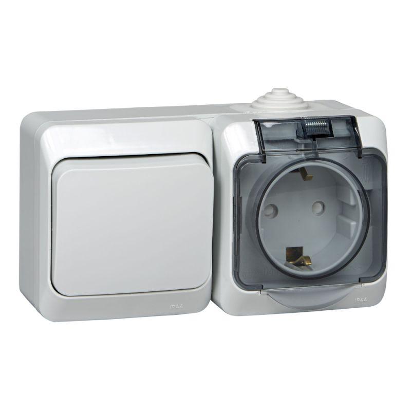  Блок ОП Этюд (1-м розетка 16А 250В евростандарт с заземл. защ. шторки + 1-кл. перекл.) IP44 сер. SE BPA16-246C фото в каталоге от BTSprom.by