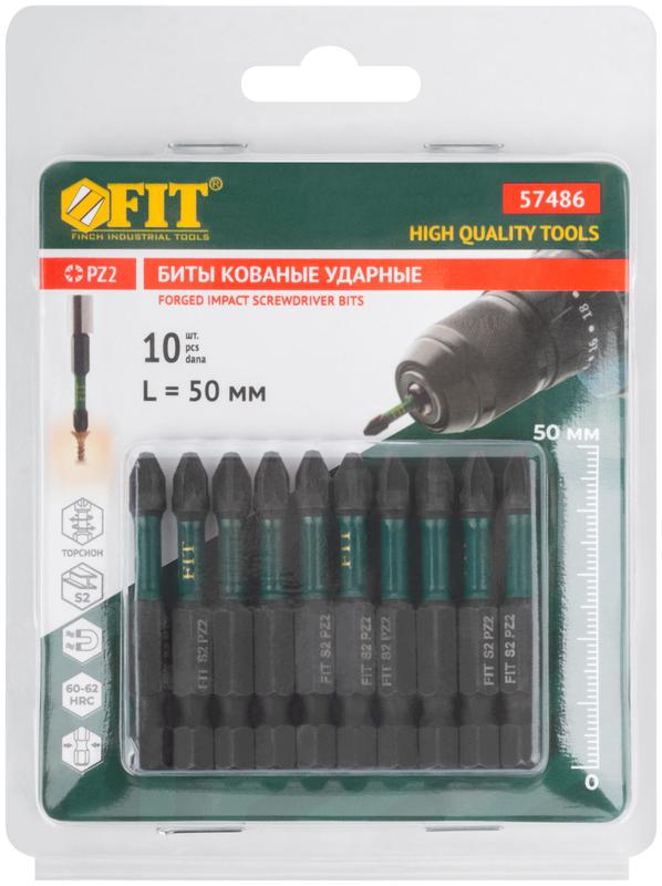  Набор бит кованые ударные сталь S2 односторонние 50мм PZ2 профи блистер (уп.10шт) FIT 57486 фото в каталоге от BTSprom.by