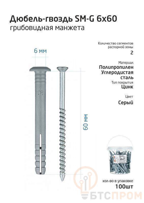  Дюбель-гвоздь 6х60 с грибовидной манжетой полипропилен (уп.100шт) ведро Tech-Krep 101990 фото в каталоге от BTSprom.by