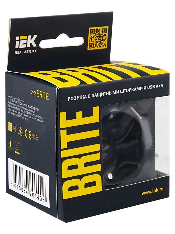  Розетка BRITE РЮш10-2-БрГ 16А с USB A+A 3.1А с заземл. защ. шторки графит IEK BR-R14-16-U21-D31-K53 фото в каталоге от BTSprom.by