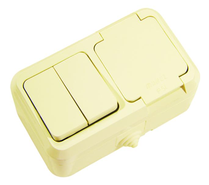 блок выключатель 2-кл. + розетка с крышкой ip44 крем. makel 18251 от BTSprom.by