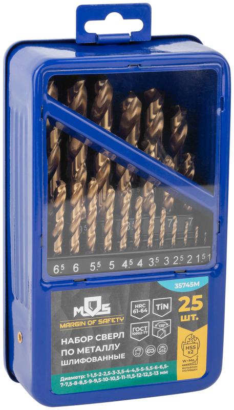  Набор сверл по металлу HSS шлифованные титановое покрытие угол заточки 135град. мет. бокс 25шт (1-13мм через 0.5мм) MOS 35745М фото в каталоге от BTSprom.by