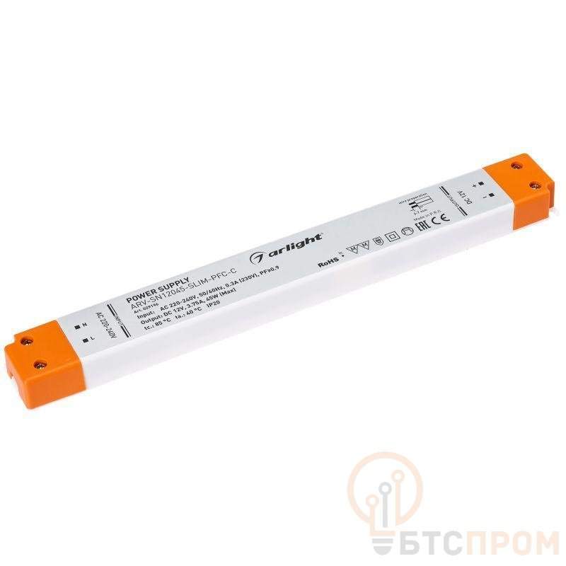 блок питания arv-sn12045-slim-pfc-c 12в 3.75а 45вт ip20 пластик 3 года arlight 029196 от BTSprom.by