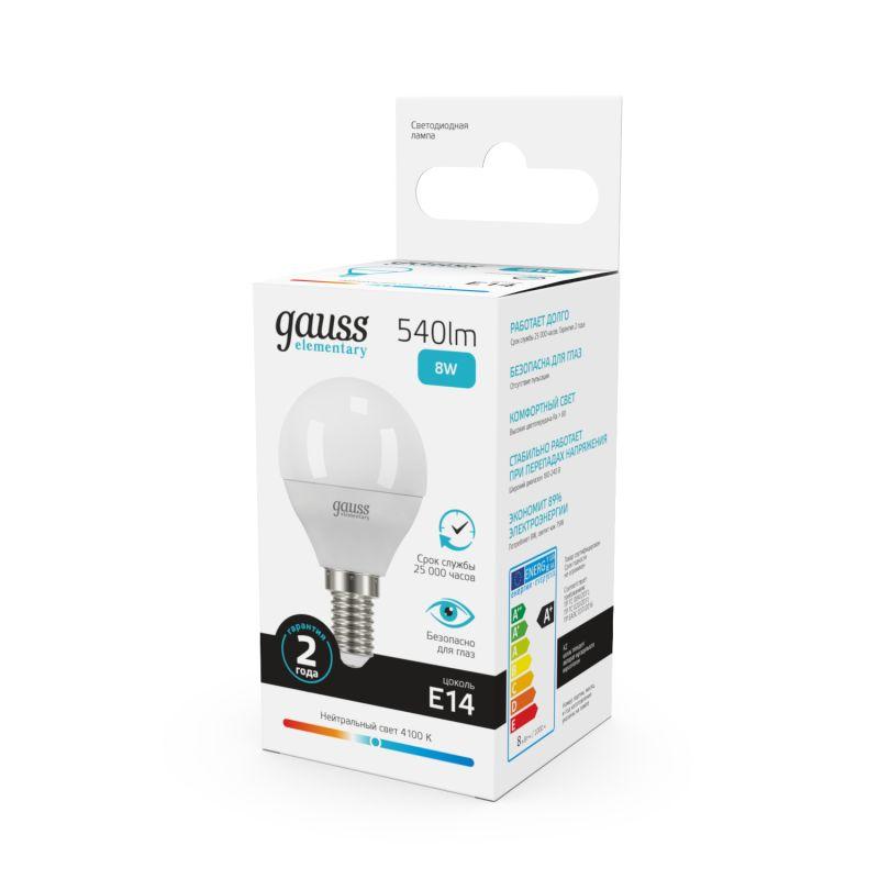 Лампа светодиодная Elementary 8Вт P45 шар 4100К нейтр. бел. E14 540лм GAUSS 53128 фото в каталоге от BTSprom.by