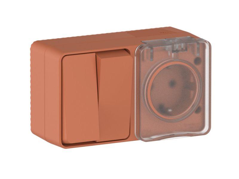  Блок ОП AtlasDesign PROFI IP54 (розетка 1-м 16А заземл. защ. шторки + 2-кл. выключатель 10А) терракот. SE ATN547074 фото в каталоге от BTSprom.by