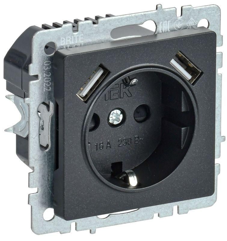 розетка brite рюш10-2-брч 16а с usb a+a 3.1а с заземл. защ. шторки механизм черн. iek br-r14-16-u21-d31-k02 от BTSprom.by