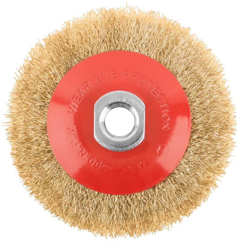  Корщетка-колесо с наклоном гайка М14 стальная латунированная волнистая проволока 100мм FIT 39050 фото в каталоге от BTSprom.by