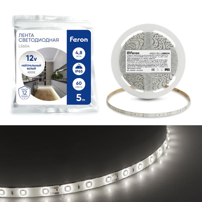 лента светодиодная 60smd(2835)/м 4.8вт/м 12в ip65 4000к ls604 (уп.5м) feron 48219 от BTSprom.by