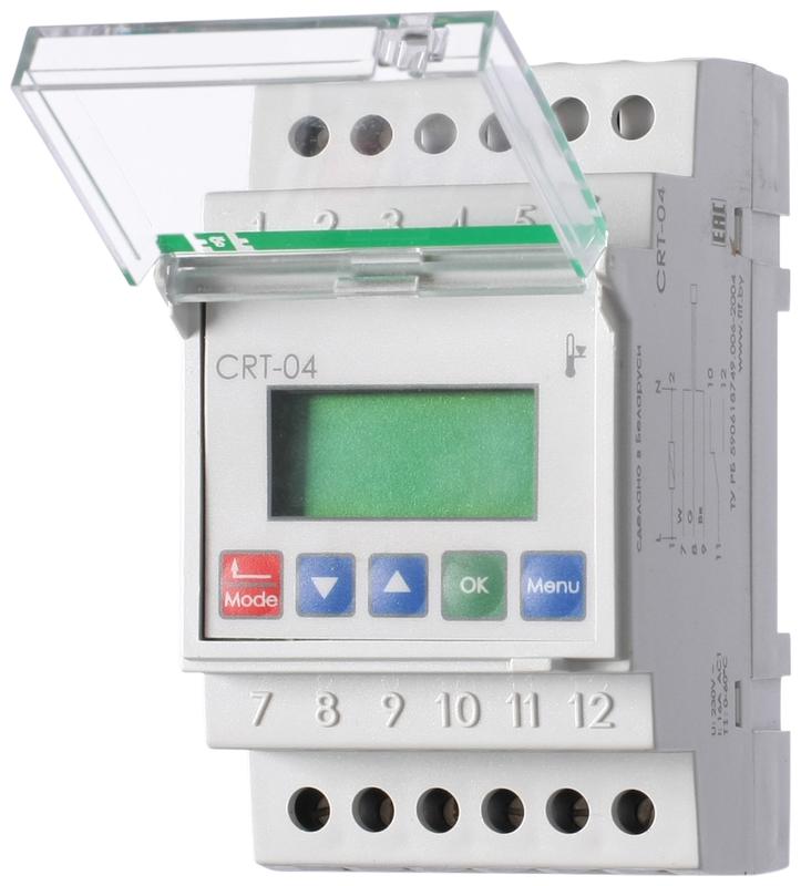 регулятор температуры crt-04 (от 0 до +60 град.c; микропроцессорный; многофункц.; жки индикация; с выносным датчиком в комплекте; монтаж на din-рейке 35мм 230в ac 16а 1p ip20) f&f ea07.001.009 от BTSprom.by