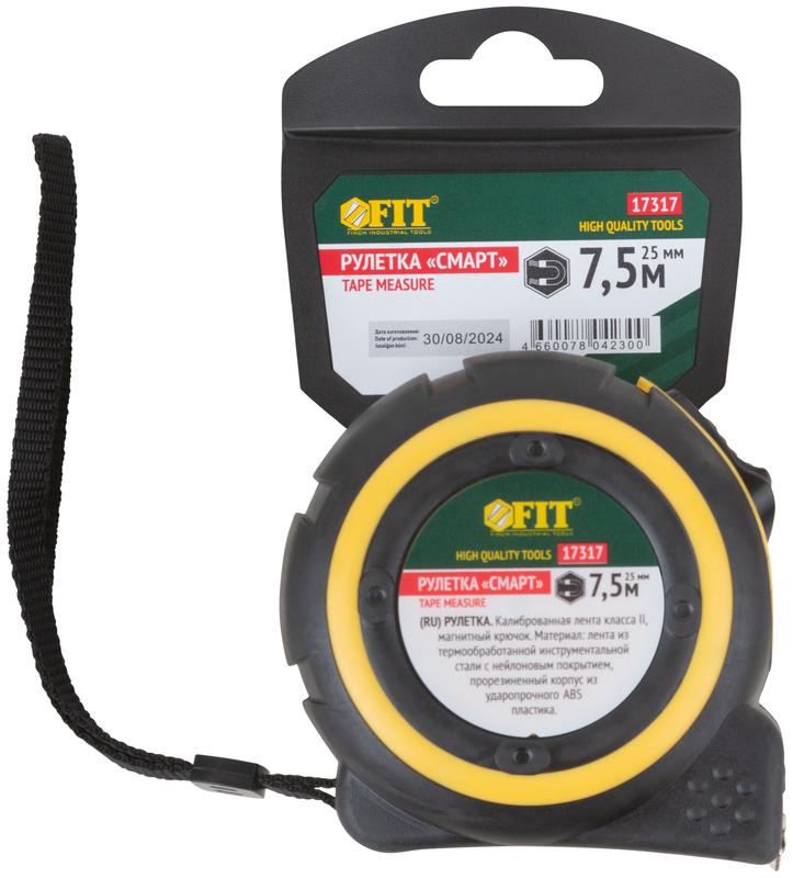  Рулетка Смарт 7.5мх25мм калибр. лента; нейлон. покрытие; магн. крючок; прорезиненный корпус FIT 17317 фото в каталоге от BTSprom.by