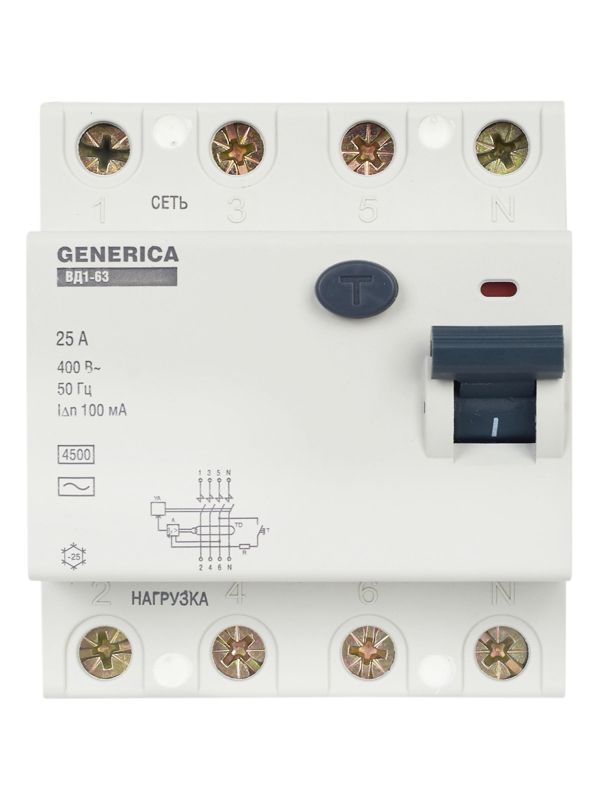  Выключатель дифференциального тока (УЗО) 4п 25А 100мА тип AC ВД1-63 GENERICA MDV15-4-025-100 фото в каталоге от BTSprom.by
