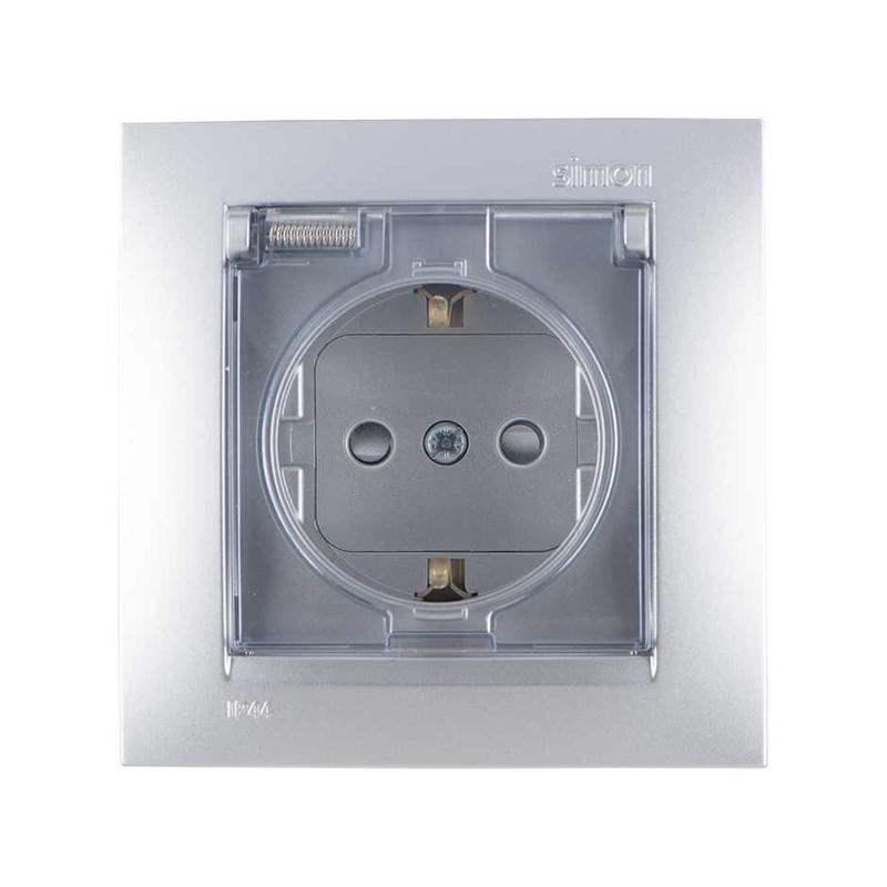 розетка 1-м сп simon15 с защ. крышкой защ. шторки с заземл. ip44 алюм. simon 1590450-033 от BTSprom.by