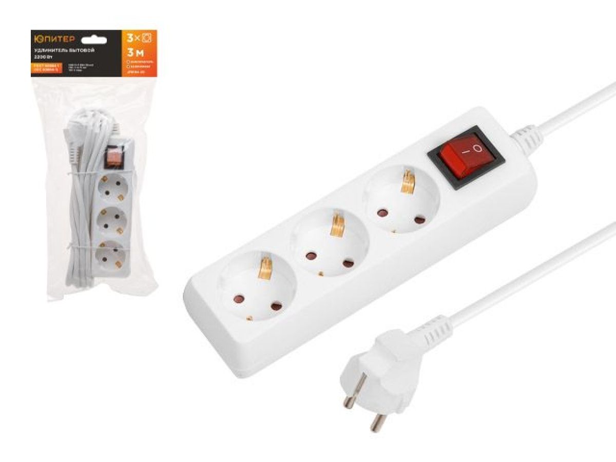  Удлинитель 3м (3 роз., 2,2кВт, с/з, выкл, ПВС 3х0,75) Юпитер (ЮПИТЕР) JP8104-20 фото в каталоге от BTSprom.by