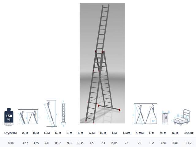 лестница алюм. 3-х секц. 355/892/367см 3х14 ступ., 23,2кг  nv323 новая высота (макс. нагрузка 150кг) от BTSprom.by