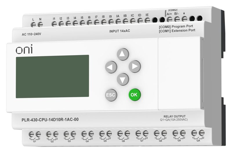 Модуль ЦПУ ПЛК 430 14 DI 10 RO 220В AC с экраном ONI PLR-430-CPU-14D10R-1AC-00 фото в каталоге от BTSprom.by