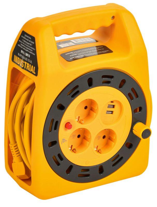 удлинитель на катушке 3х15м с заземл. industrial ук15 2p+pe 3х1.5кв.мм usbх2 led термозащита iek in-kp24-16-03-15-ul от BTSprom.by