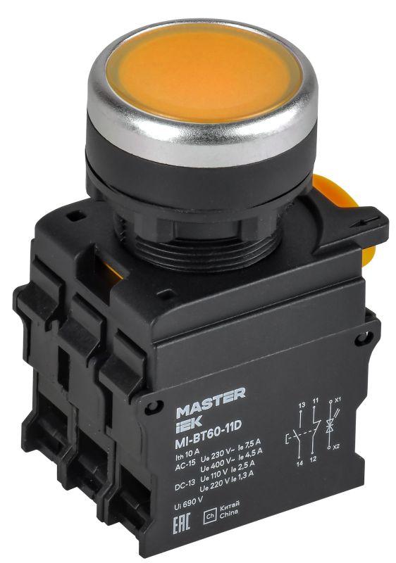 кнопка d22мм 1но+1нз master с подсветкой желт. iek mi-bt60-11d-3-12-k05 от BTSprom.by