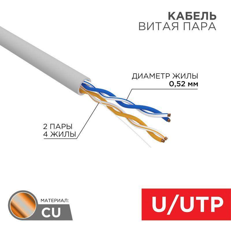 кабель витая пара u/utp cat 5e zh нг(а)-hf 2х2х0.52мм 24awg indoor solid сер. (305м) pro rexant 02-0002 от BTSprom.by