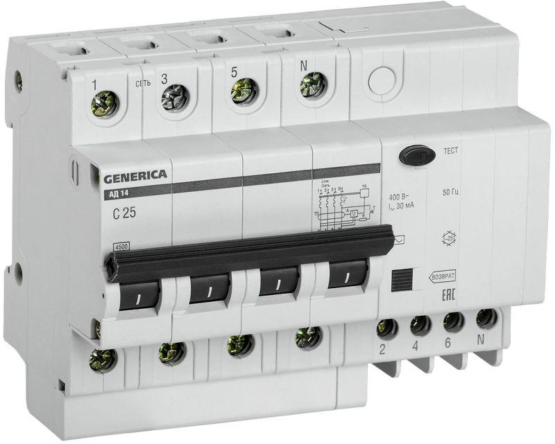 выключатель автоматический дифференциального тока 4п 25а 30ма ад14 generica mad15-4-025-c-030 от BTSprom.by