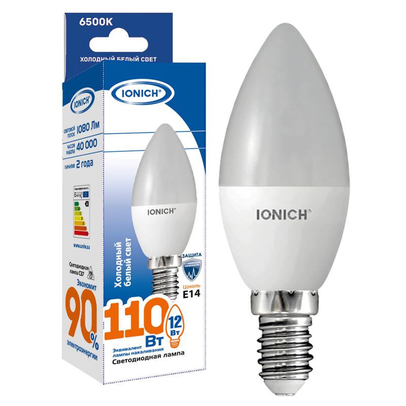 лампа светодиодная c37 12вт свеча 6500к e14 230в ionich 1635 от BTSprom.by