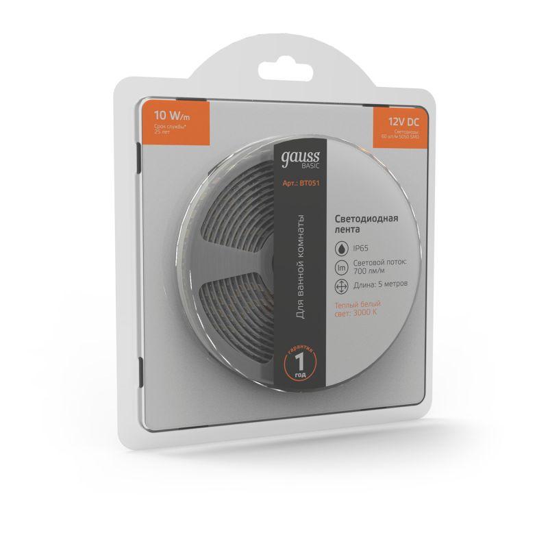  Лента светодиодная Basic 5050/60-SMD 10Вт/м 3000К тепл. бел. IP65 700лм/м 12В 10мм (уп.5м) GAUSS BT051 фото в каталоге от BTSprom.by