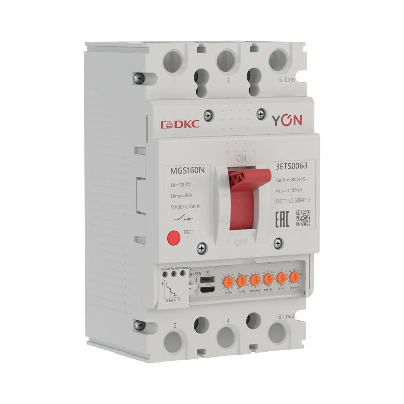 выключатель автоматический 3п 25-63а 36ка mgs160n с электронным расцепителем ets в литом корпусе yon mgs160n-3ets0063 от BTSprom.by