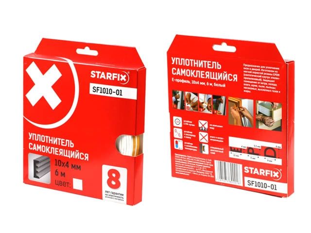 уплотнитель "e" белый 10х4мм 6м (сдвоенный профиль 2х3м) starfix sf1010-01 от BTSprom.by