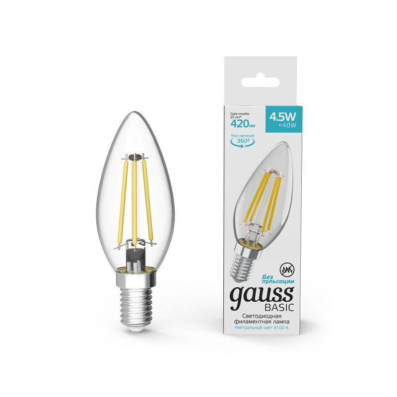 лампа светодиодная филаментная basic 4.5вт свеча 4100к нейтр. бел. e14 420лм gauss 1031215 от BTSprom.by