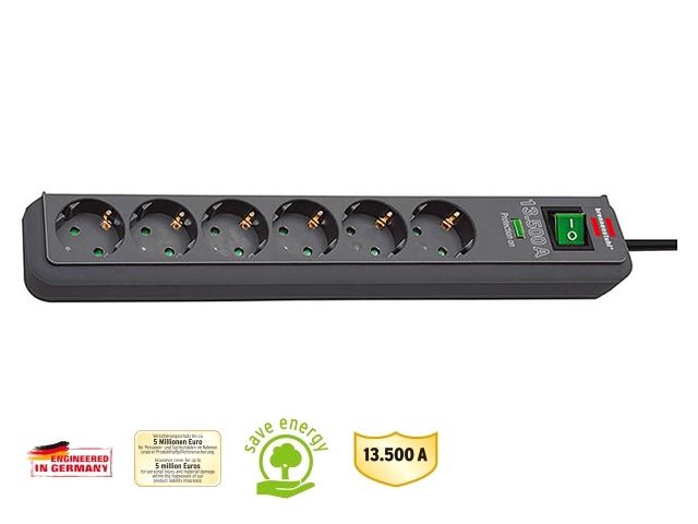 удлинитель / фильтр сетев. 1.5м (6 роз., 3.3квт, с/з, выкл., пвс) brennenstuhl eco-line (провод 3х1,5мм2, сила тока 16а, до 13 500 а) 1159710 от BTSprom.by