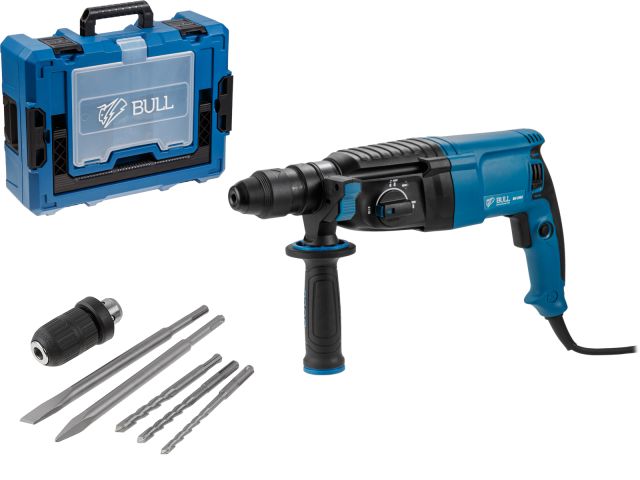 перфоратор bull bh 2602 в чем. xcase 800 вт, 3.0 дж, 4 реж. + 2 зубила, 3 сверла, бзп в комплекте (800 вт, 3.0 дж, 4 реж., патрон sds-plus, бзп в комплекте, вес 3.4 кг) 1329814 от BTSprom.by