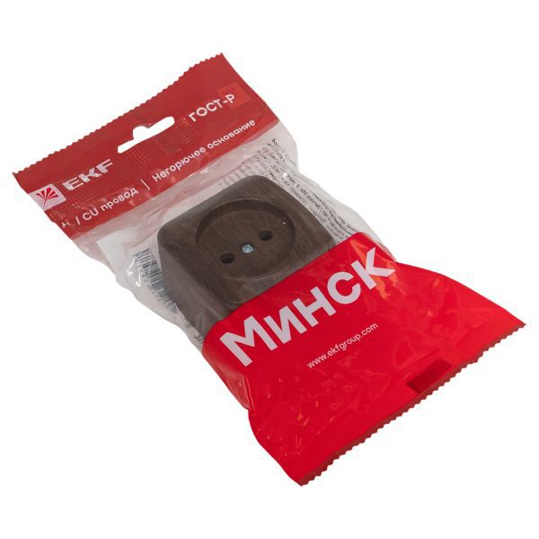  Розетка 1-м ОП Минск 10А IP20 без заземл. темн. дерево EKF EGR10-022-40 фото в каталоге от BTSprom.by