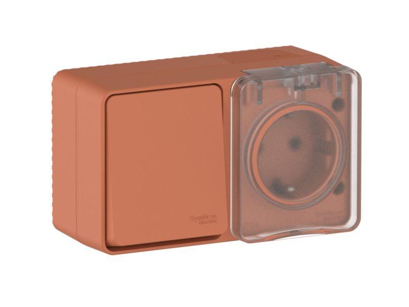  Блок ОП AtlasDesign PROFI IP54 (розетка 1-м 16А заземл. защ. шторки + 1-кл. выключатель 10А) терракот. SE ATN547070 фото в каталоге от BTSprom.by