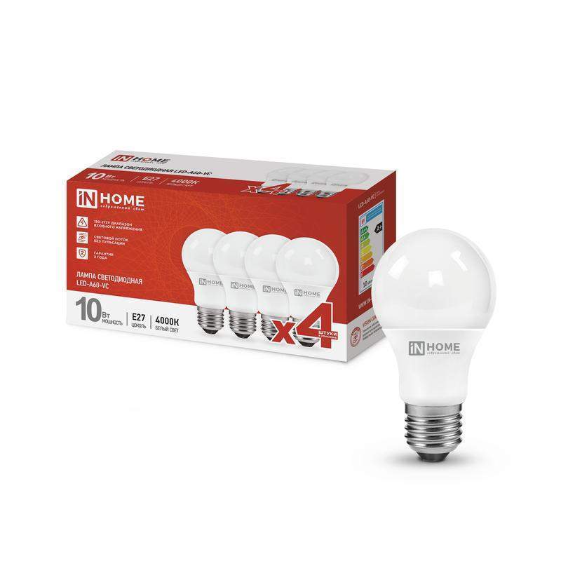 лампа светодиодная led-a60-vc 4pack 10вт 230в e27 4000к 950лм (уп.4шт) in home 4690612047645 от BTSprom.by