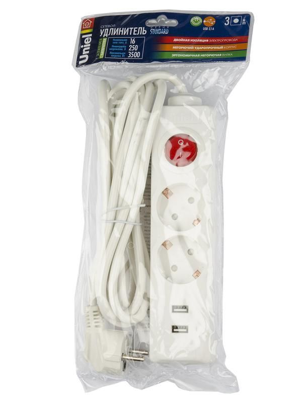 удлинитель 2х3м с заземл. standart s-gcd2-3bu white 2хusb 2.1а бел. uniel ul-00006677 от BTSprom.by