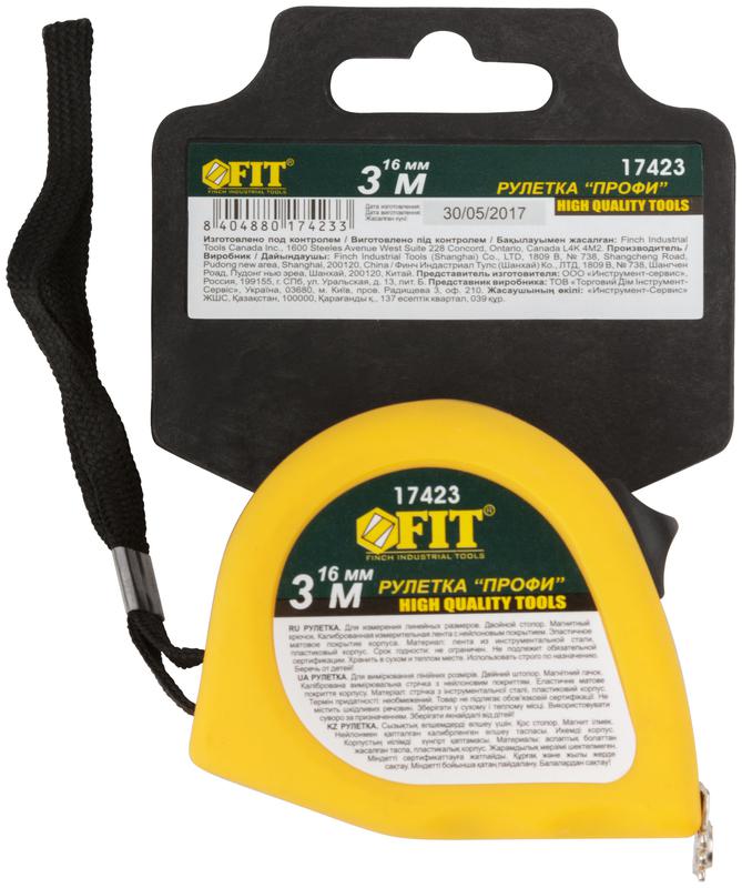  Рулетка Профи 3мх16мм калибр. лента; нейлон. покрытие; магн. крючок; эласт. корпус; двойн. стопор черн./желт. FIT 17423 фото в каталоге от BTSprom.by