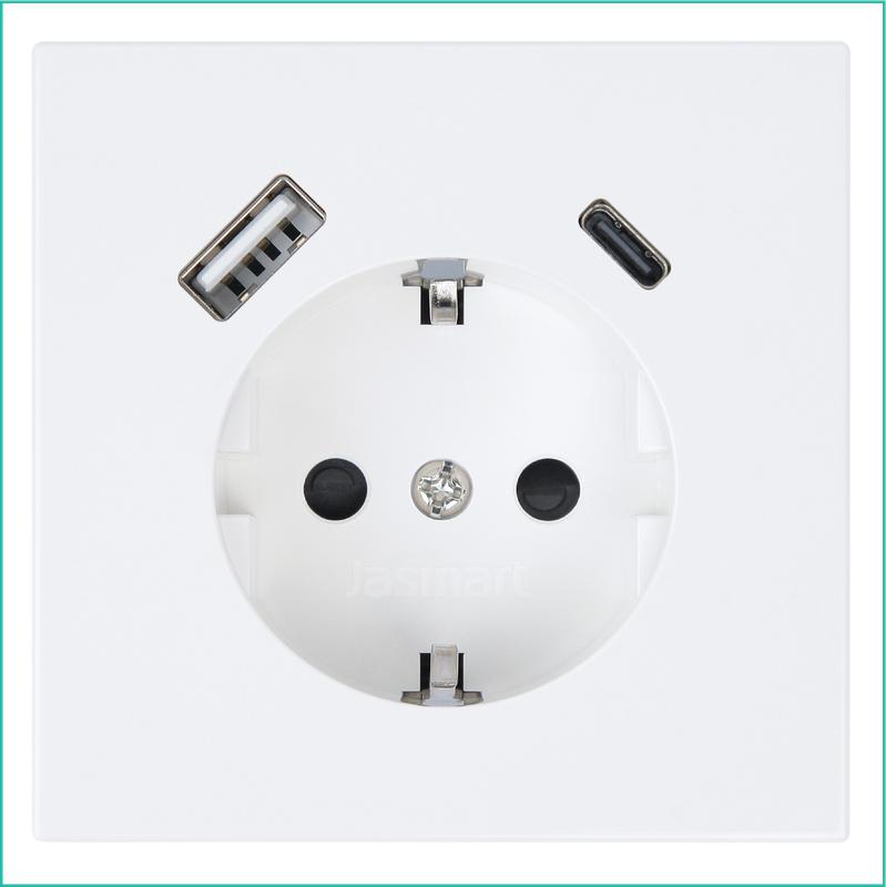 розетка сп fd shuko 16а с заземл. защ. шторки с 2-мя заряд. устр. usb тип a+c 25вт механизм бел. глянцевый jasmart fd5501usb-25w от BTSprom.by