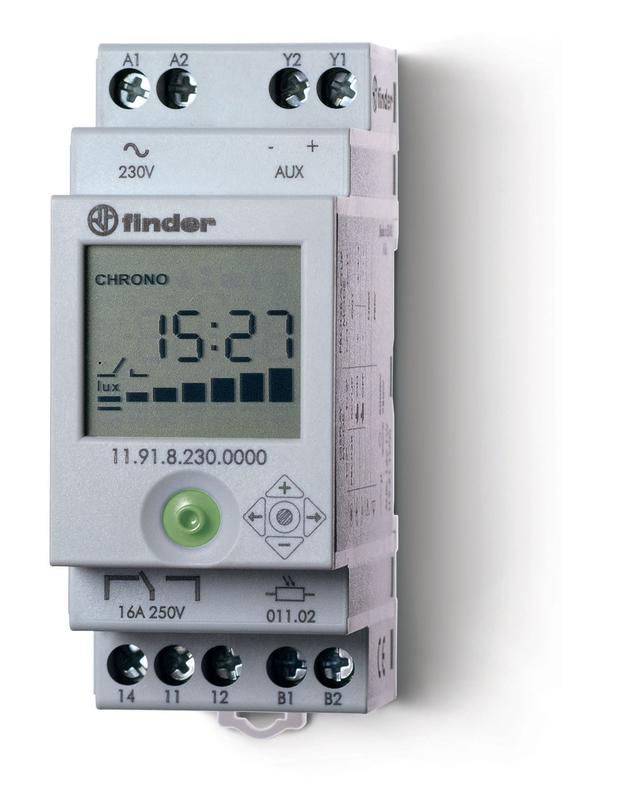 фотореле модульное с фотоэлементом 011.02 цифровое реле времени монтаж на рейку 35мм 1co 16а + 1доп.выход (для 19.91) 230в ac 1…150люкс 35мм фотореле ip20/фотоэлемент ip54 finder 119182300000pas от BTSprom.by