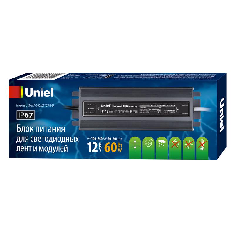 блок питания uet-vaf-060a67 12в ip67 ультратонкий 60вт метал. корпус uniel ul-00007575 от BTSprom.by