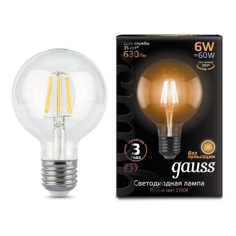 лампа светодиодная филаментная black filament 6вт g95 шар 2700к тепл. бел. e27 630лм gauss 105802106 от BTSprom.by