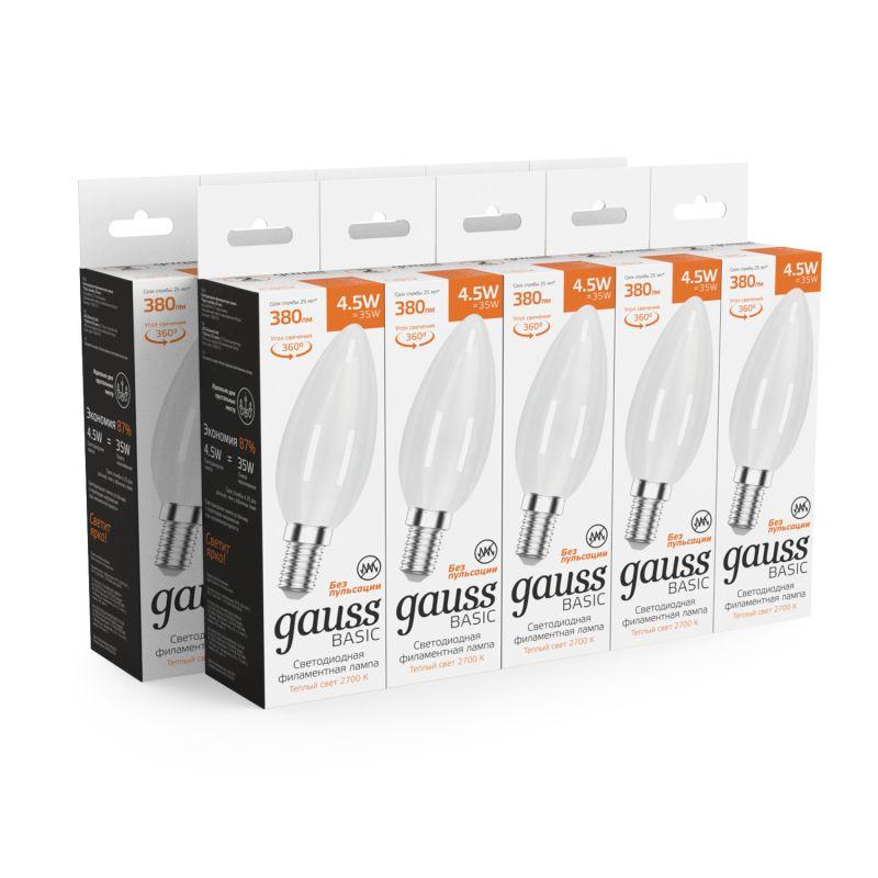 Лампа светодиодная филаментная Basic Filament 4.5Вт Свеча 2700К Е14 380лм milky GAUSS 1035115 фото в каталоге от BTSprom.by