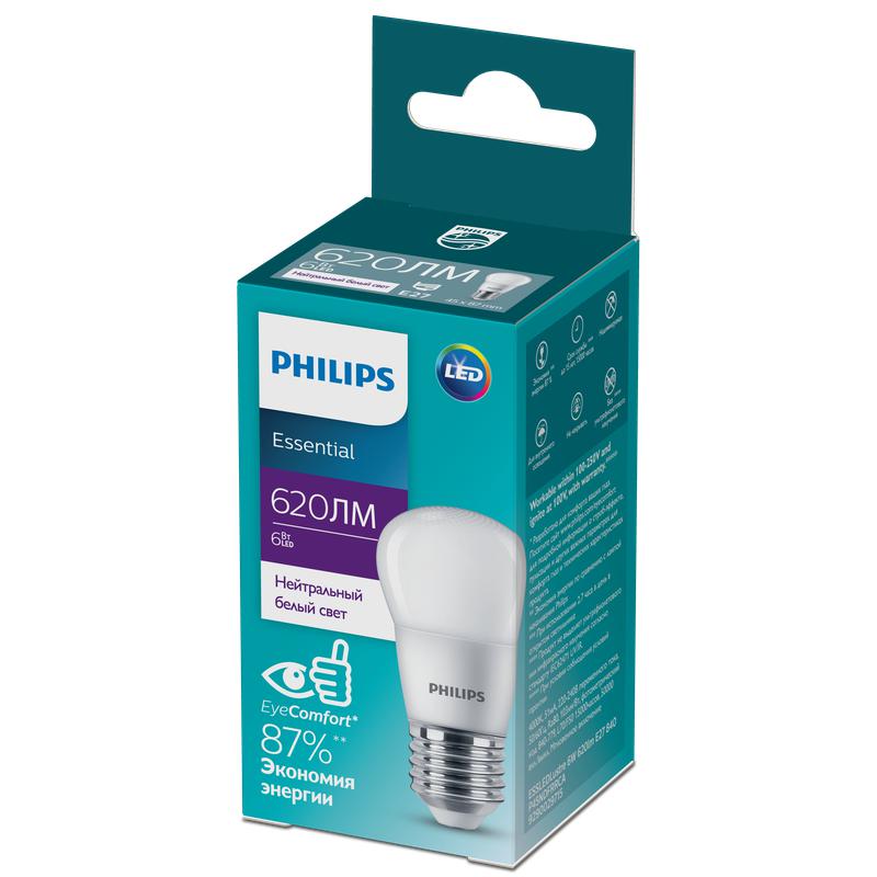 лампа светодиодная ess ledlustre 6вт p45fr 620лм e27 840 philips 929002971507 от BTSprom.by