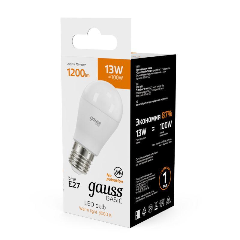 Лампа светодиодная Basic 13Вт P45 шар 3000К тепл. бел. E27 1200лм GAUSS 10502132 фото в каталоге от BTSprom.by