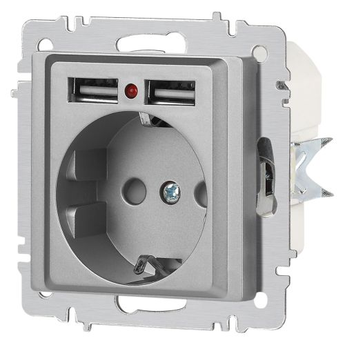  Розетка 1-м СП Accent 6-410-03 16А IP20 250В P+E Schuko + 2хUSB защ. шторки алюм. Intro Б0063694 фото в каталоге от BTSprom.by