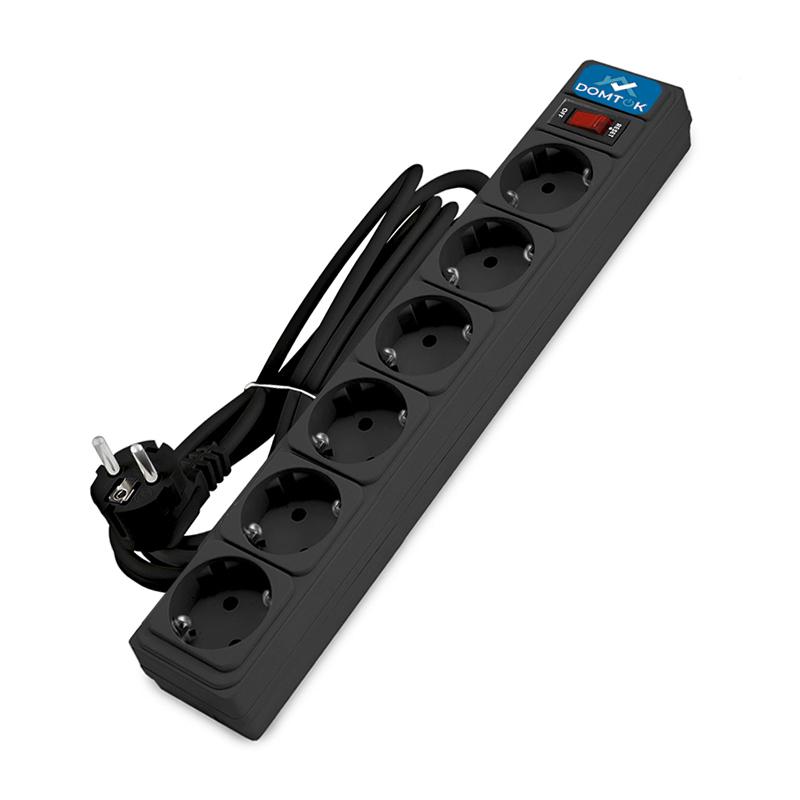 удлинитель с сетевым фильтром 6х3м с заземл 10а ip20 2.2квт пвс 3х1 с выкл. черн. domtok 2522 от BTSprom.by