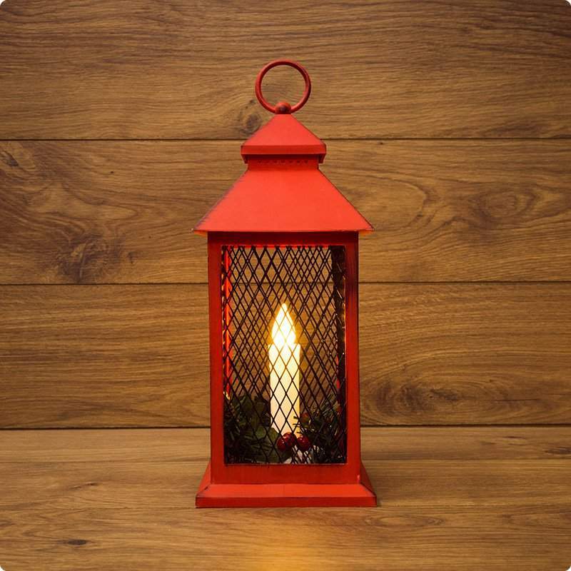декоративный фонарь со свечкой, красный корпус, размер 13,5х13,5х30,5 см, цвет теплый белый от BTSprom.by